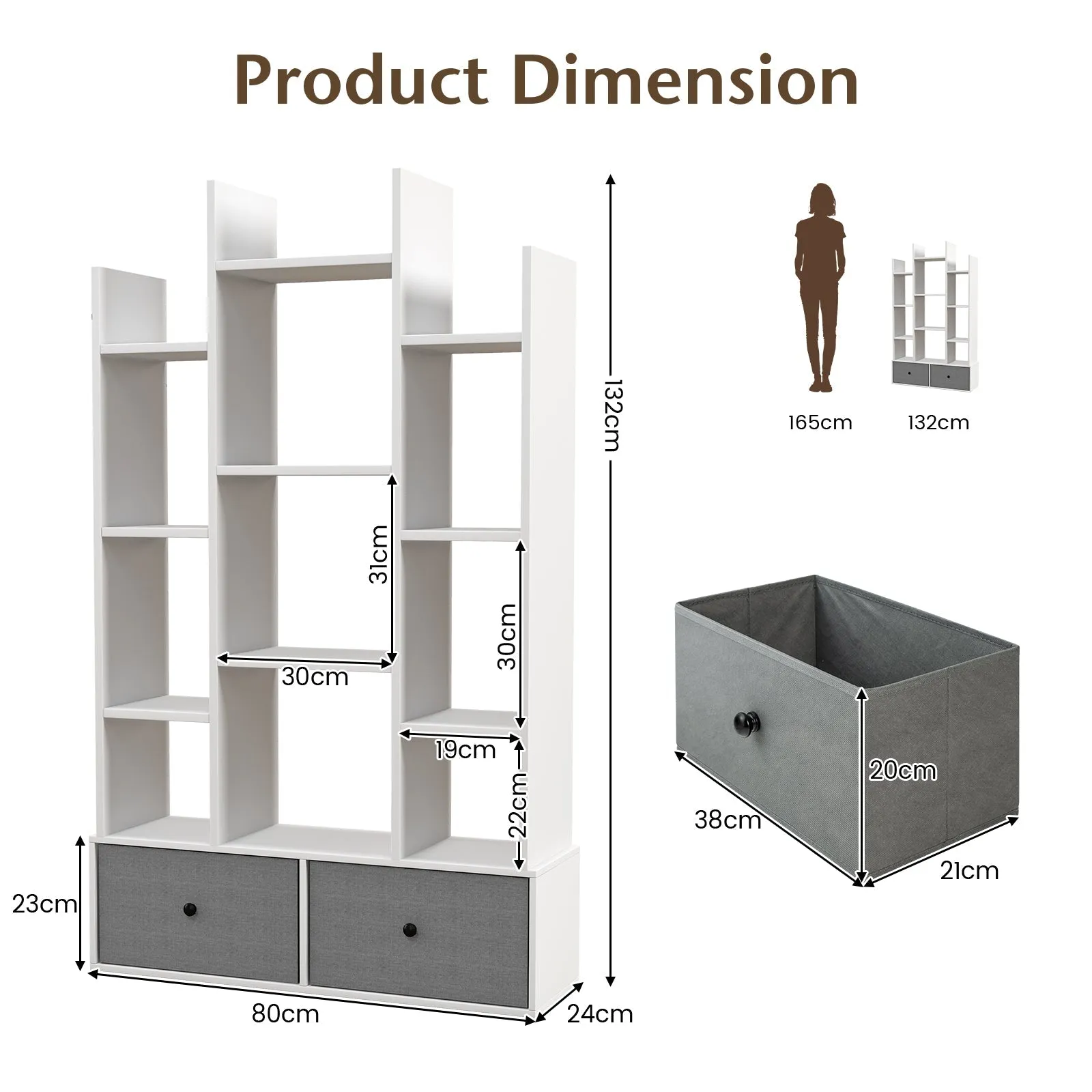 12-Tier Wooden Bookshelf with Folding Drawer for Study Living Room-White