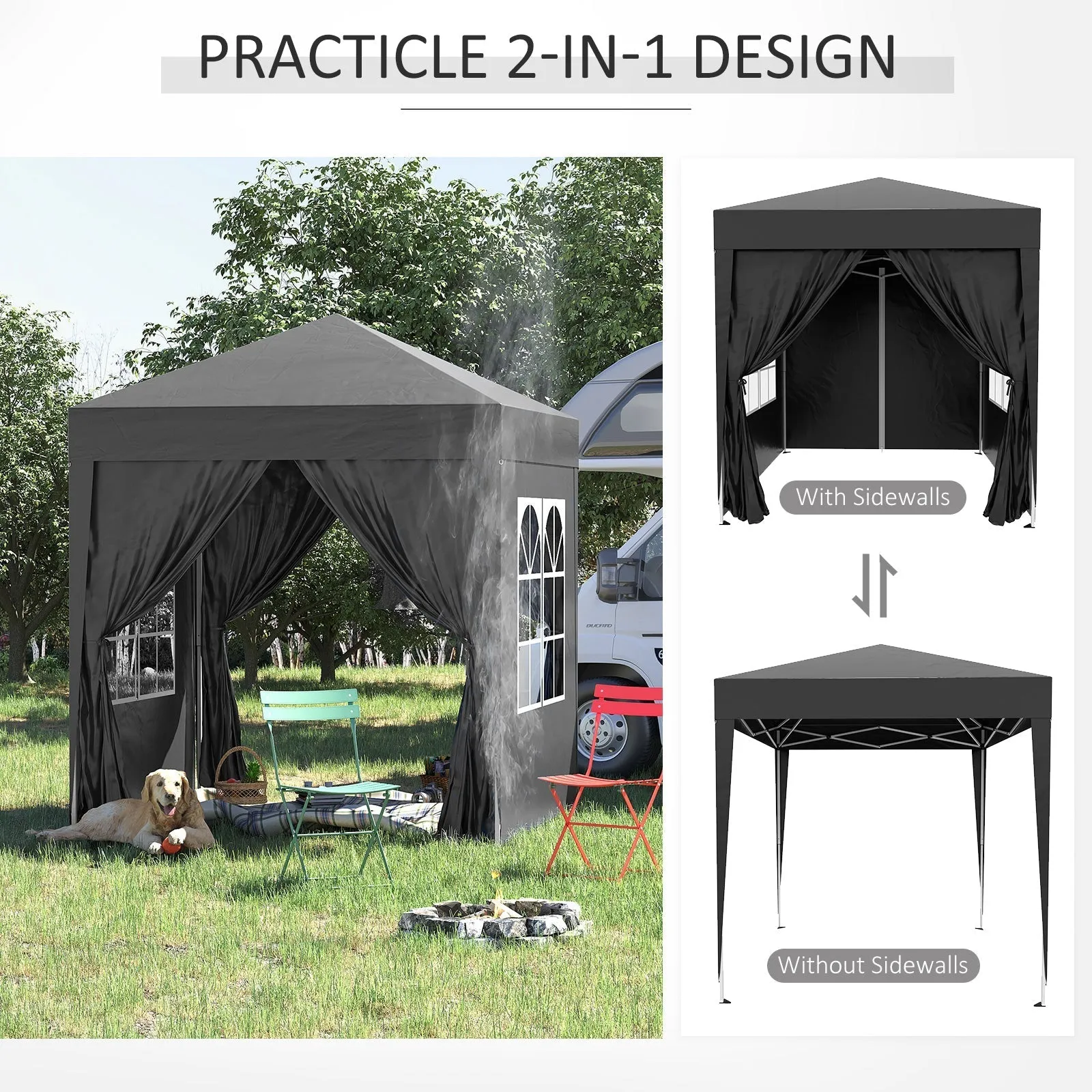 2m x 2m Garden Pop Up Gazebo Marquee Party Tent Wedding Awning Canopy New With free Carrying Case Black   Removable 2 Walls 2 Windows