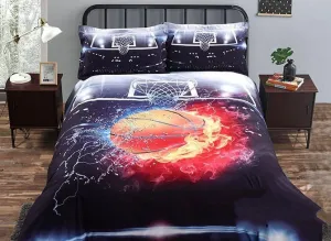 3D Basketball Ball in Fire and Water Printed Cotton Luxury 4-Piece Bedding Sets