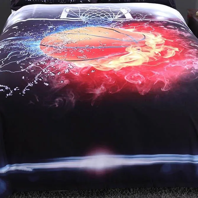 3D Basketball Ball in Fire and Water Printed Cotton Luxury 4-Piece Bedding Sets