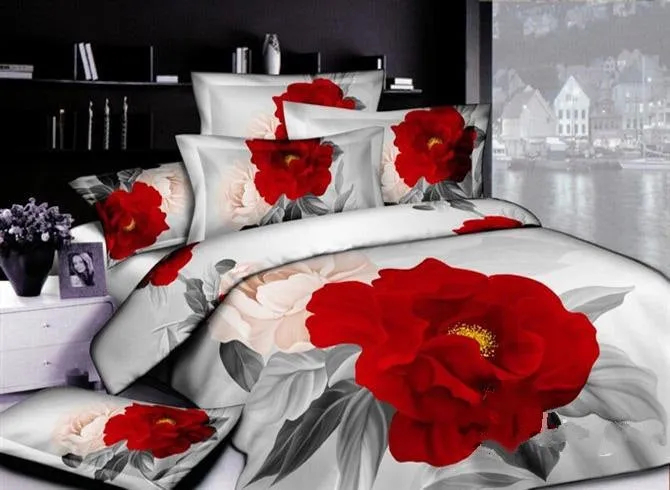 3D Red Peony Printed Luxury Cotton Luxury 4-Piece Bedding Sets/Duvet Cover