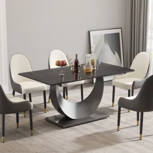 63" Modern Artificial Stone Crescent-Shaped Metal Legs, Can Accommodate 6-8 People - Black