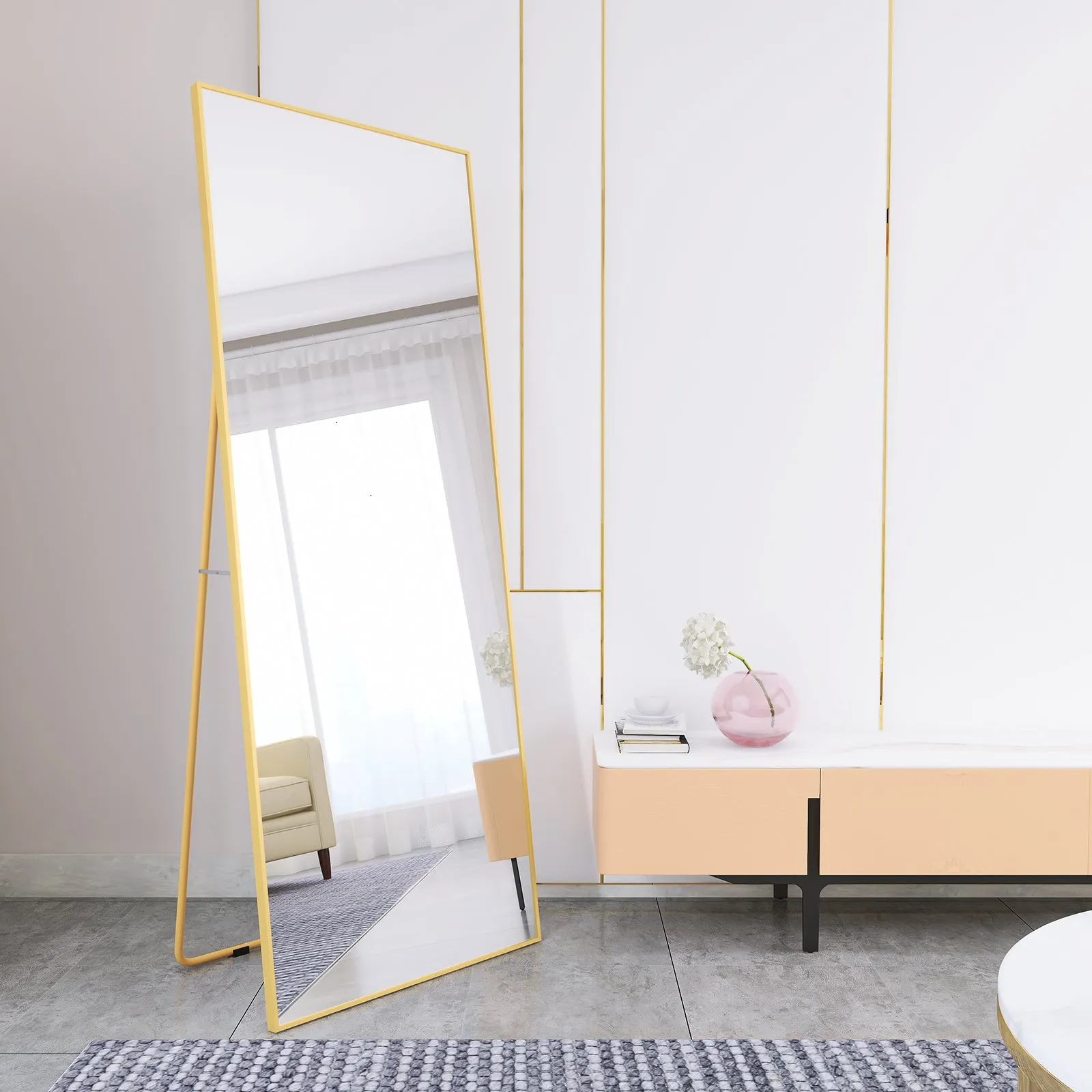 65" x 24" Full Length Mirror Hanging Standing or Leaning, Bedroom Mirror Floor Mirror Wall-Mounted Mirror with Alloy Frame, Gold