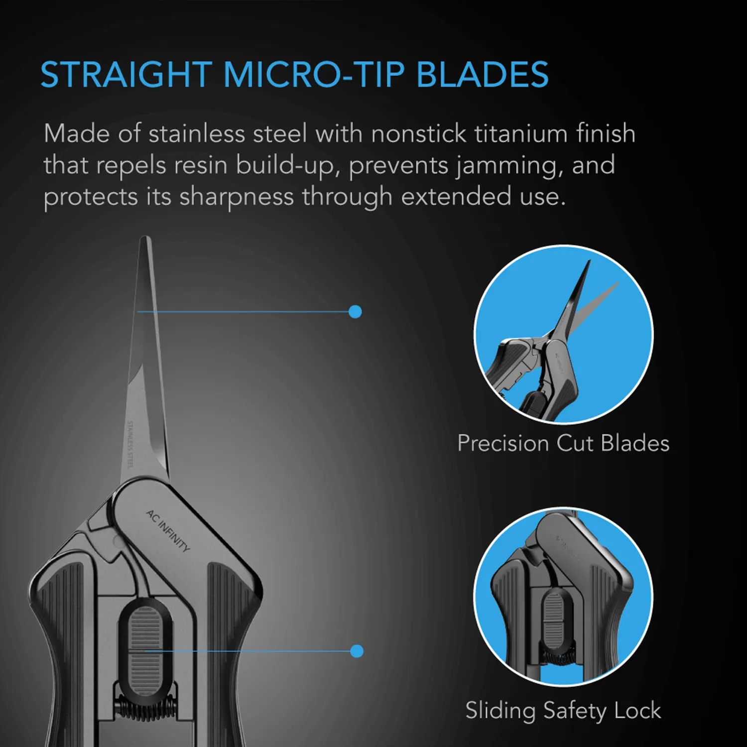 AC Infinity Stainless Steel Pruning Shear with Cleaning Kit, Ergonomic Lightweight, 6.6" Straight Blades