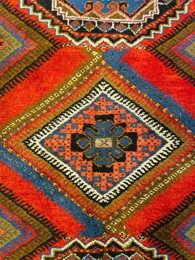 Boho Chic Moroccan Handwoven Blue & Red Wool Diamond Design Rectangular Rug