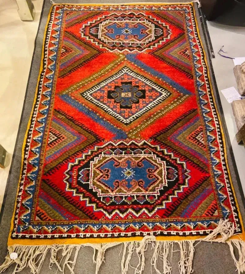 Boho Chic Moroccan Handwoven Blue & Red Wool Diamond Design Rectangular Rug