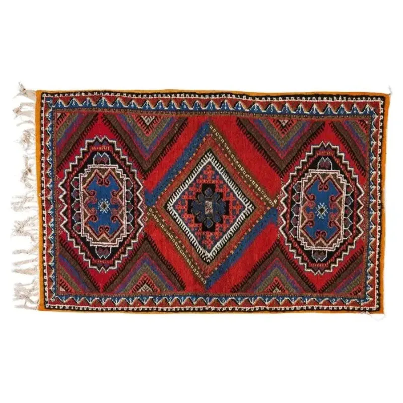 Boho Chic Moroccan Handwoven Blue & Red Wool Diamond Design Rectangular Rug