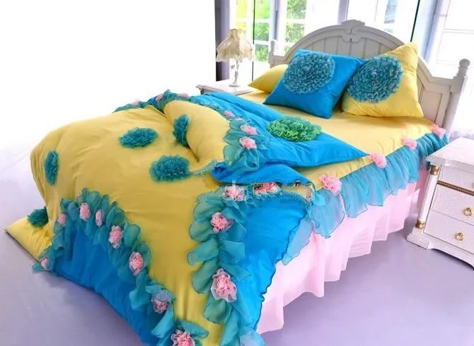 Cinderella Princess Style Flowers and Lace Edged Cotton Luxury 6-Piece Bedding Sets/Duvet Cover