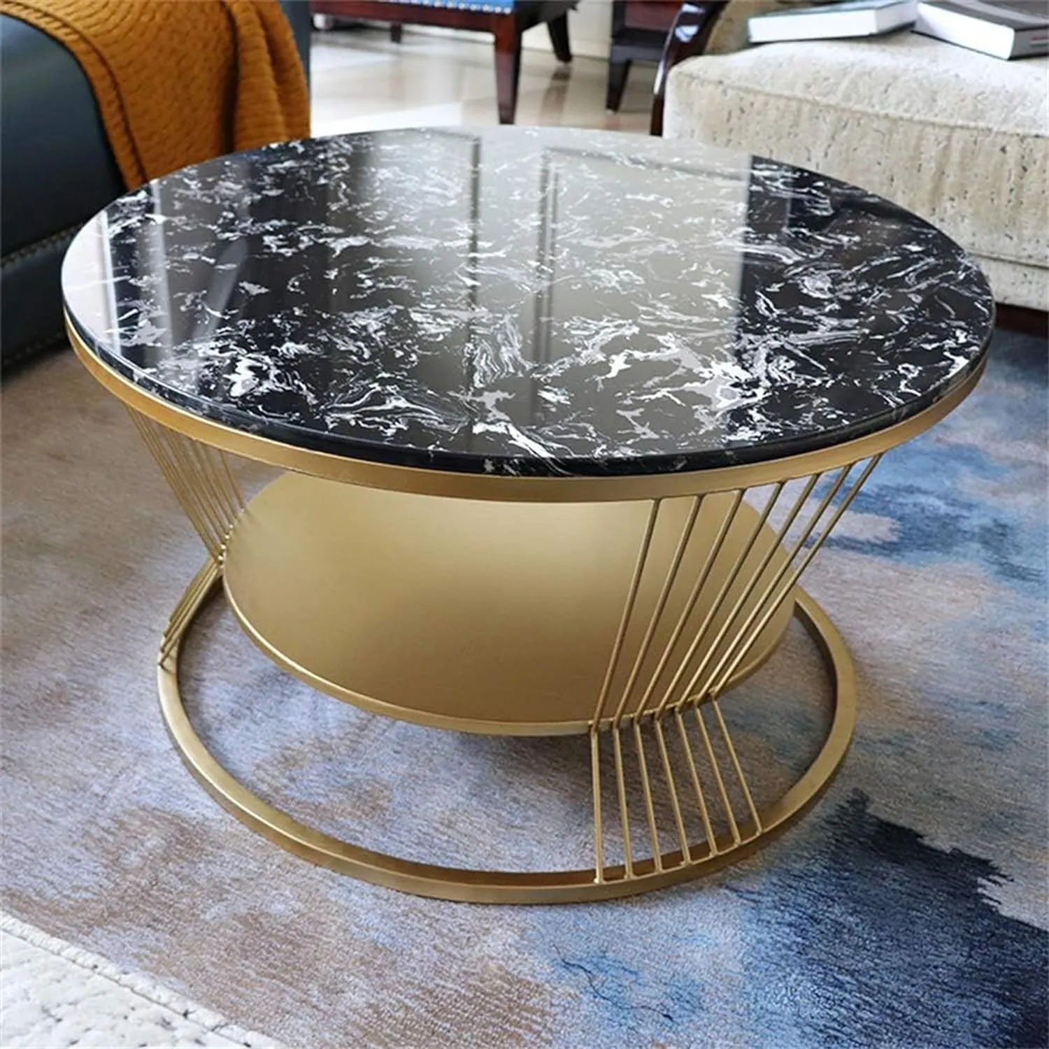 CREATIVE SKILLS Double-layer marble-look coffee table with metal storage in The round shape That is perfect for a living room (Black-Gold)