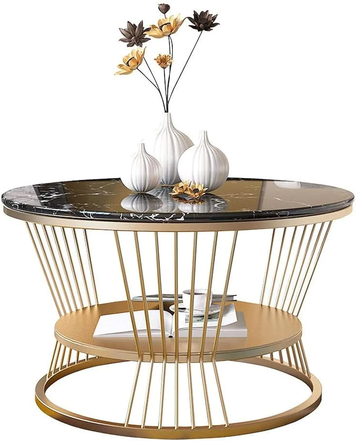 CREATIVE SKILLS Double-layer marble-look coffee table with metal storage in The round shape That is perfect for a living room (Black-Gold)