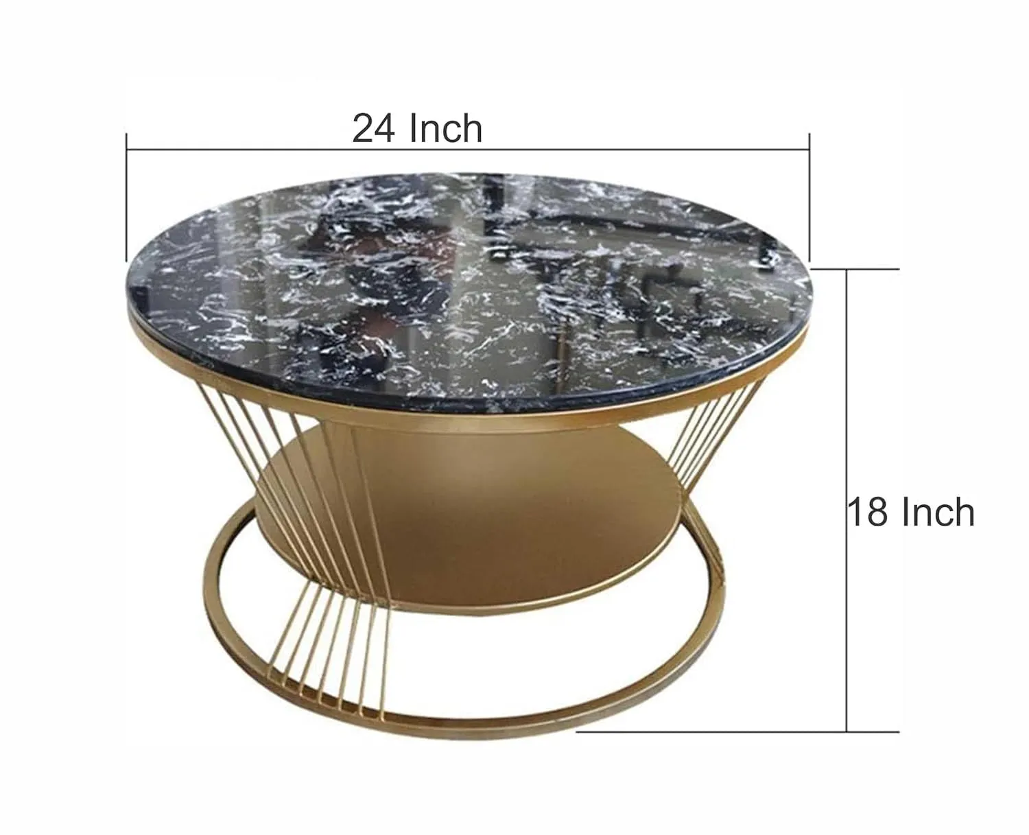 CREATIVE SKILLS Double-layer marble-look coffee table with metal storage in The round shape That is perfect for a living room (Black-Gold)