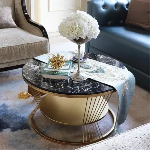 CREATIVE SKILLS Double-layer marble-look coffee table with metal storage in The round shape That is perfect for a living room (Black-Gold)