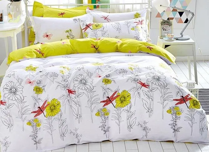 Fresh Blossoms and Dragonflies Print Luxury 4-Piece Cotton Bedding Sets/Duvet Cover