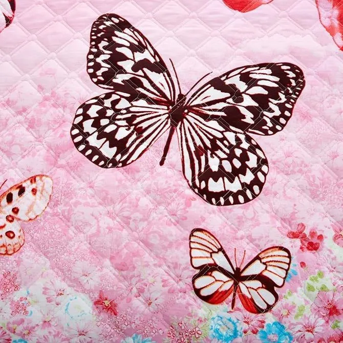 Full Dreamy Butterfly Print Quilting Seam Pink Luxury 4-Piece Cotton Bedding Sets/Duvet Cover