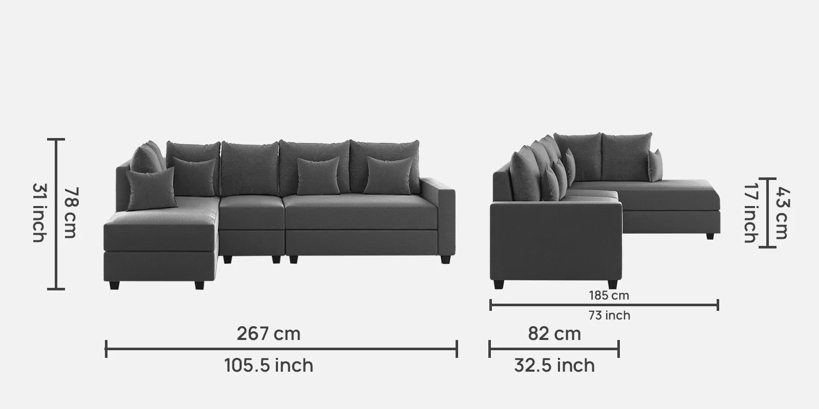 Ginny Fabric RHS Sectional Sofa (3 Lounger) Charcoal Grey Colour