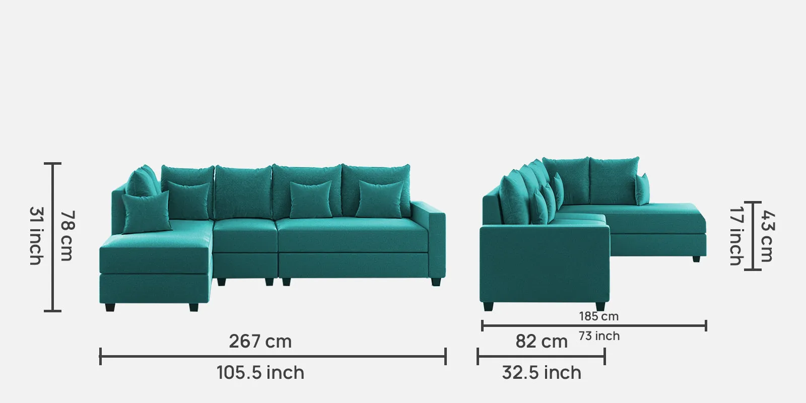 Ginny Fabric RHS Sectional Sofa (3 Lounger) Sea Green Colour