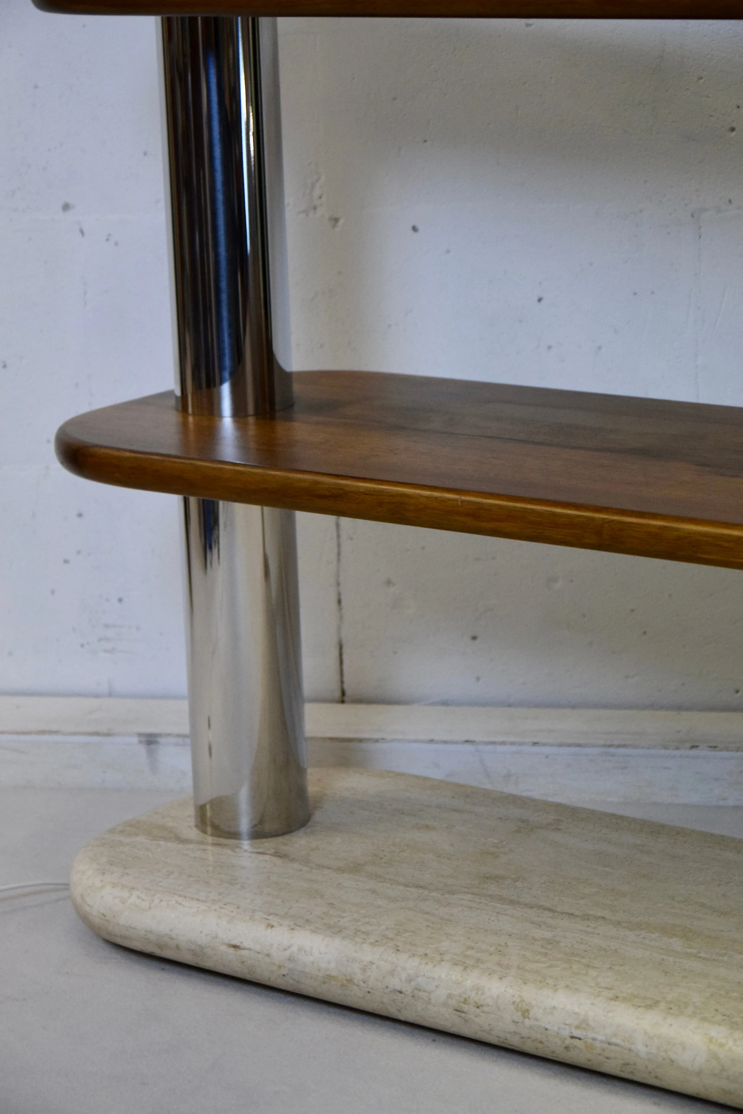 Italian Post Modern Travertine, Wood and Polished Stainless Steel Bookcase