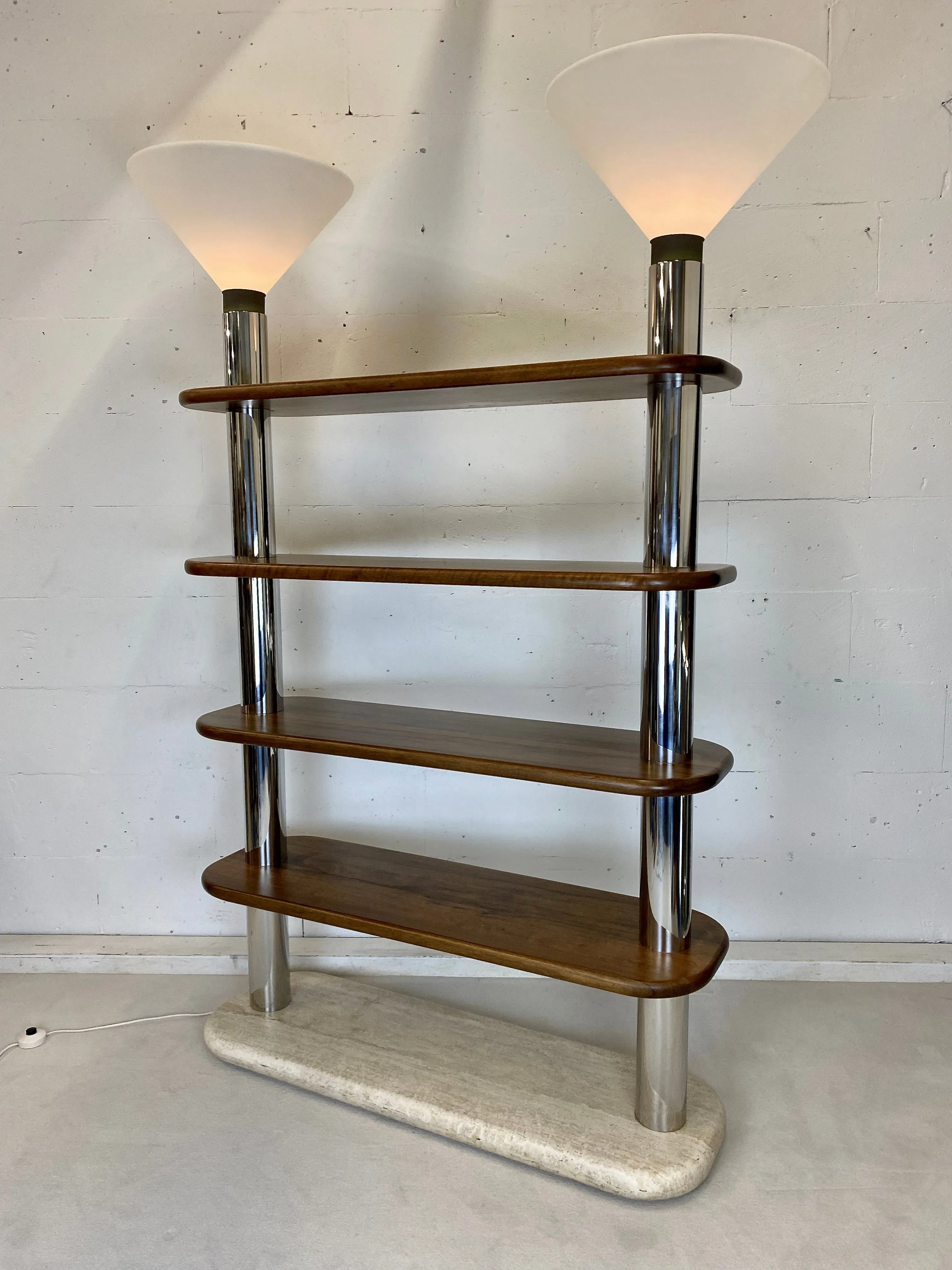 Italian Post Modern Travertine, Wood and Polished Stainless Steel Bookcase