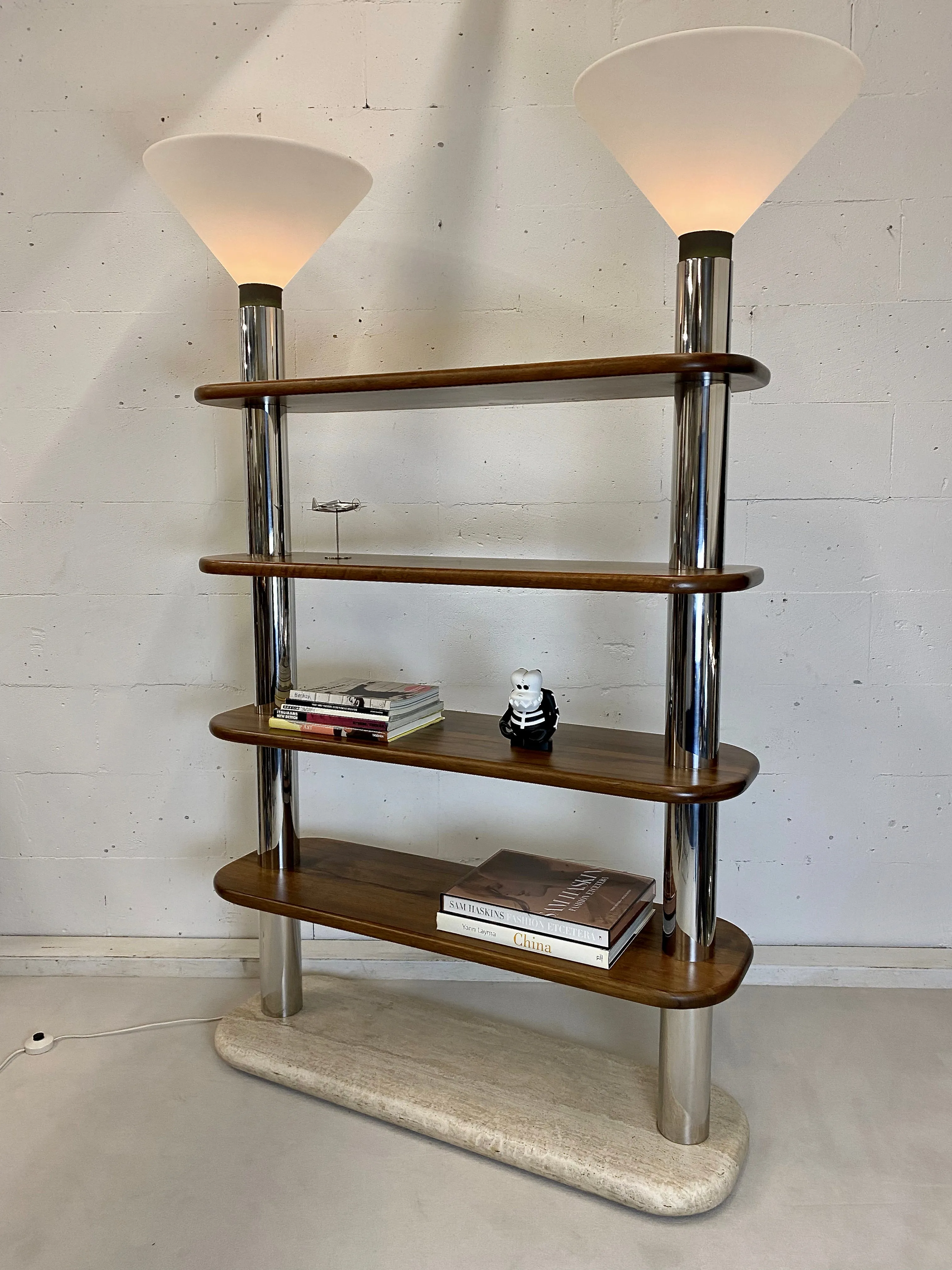 Italian Post Modern Travertine, Wood and Polished Stainless Steel Bookcase