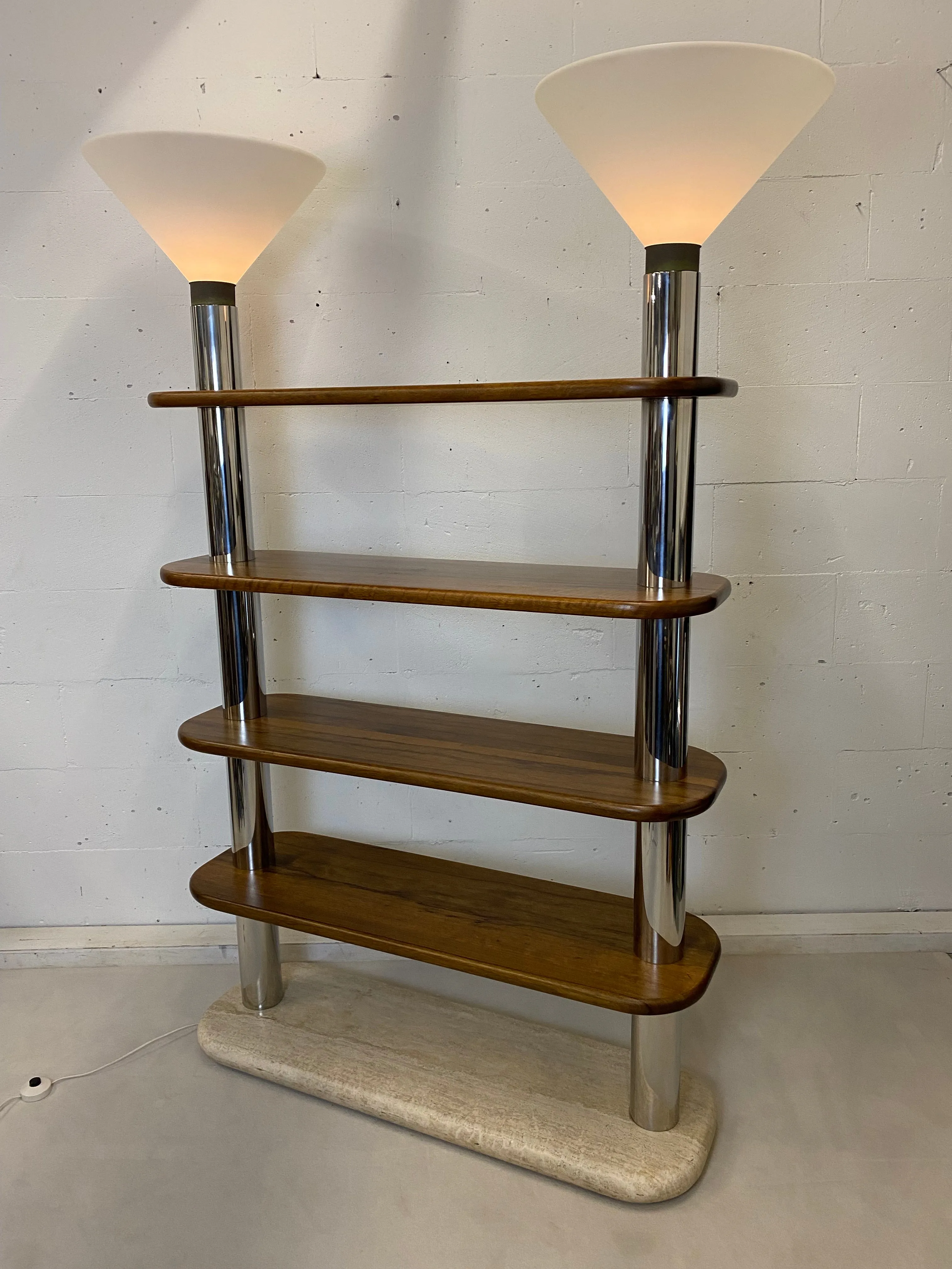 Italian Post Modern Travertine, Wood and Polished Stainless Steel Bookcase