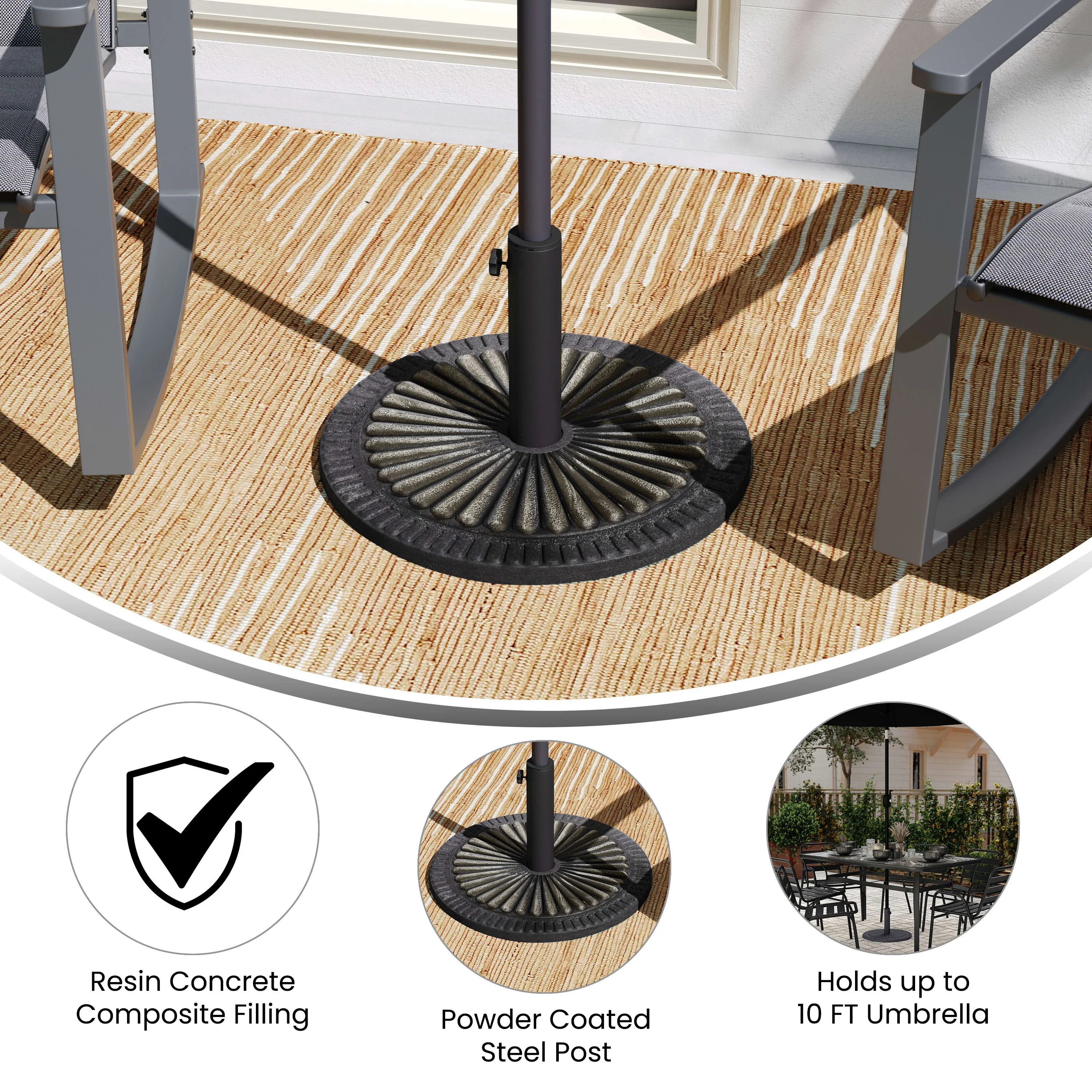 Kona Universal Cement Patio Umbrella Base with Sunburst Patterned Weatherproof Plastic Polymer Coating