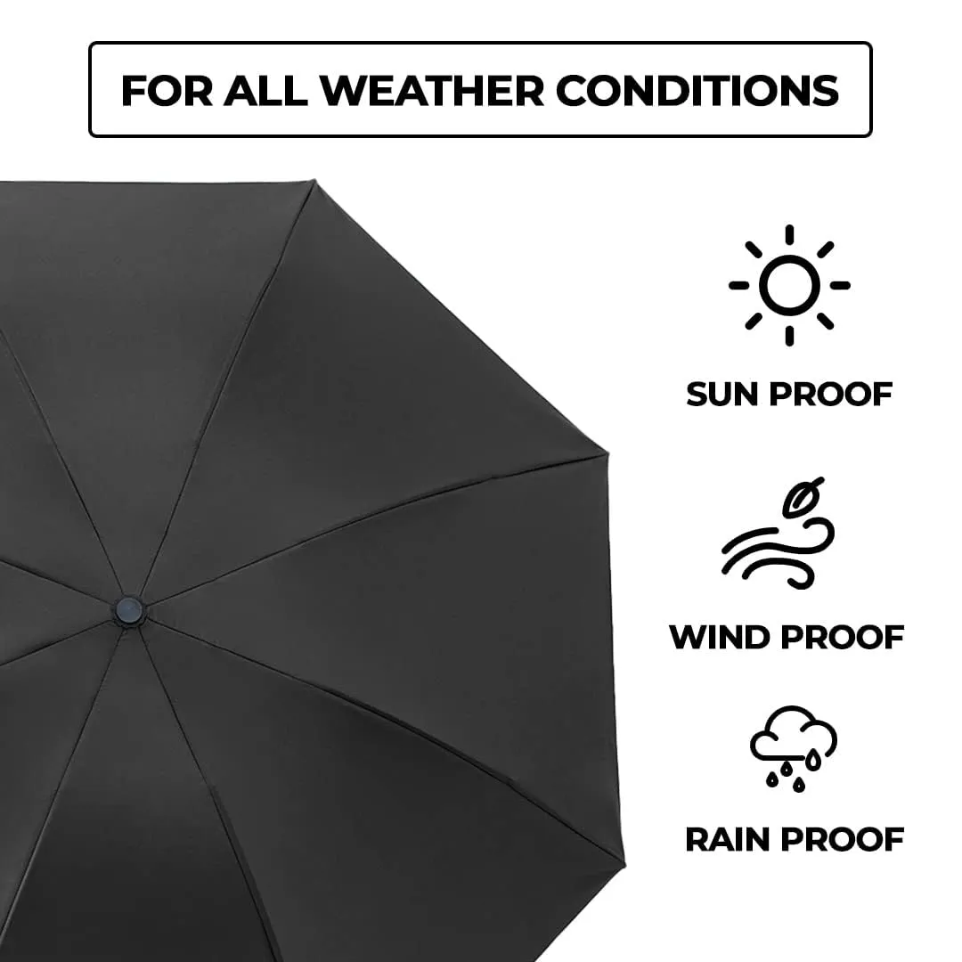 Kuber Industries 3 Fold Manual Umbrella|Windproof, Sunproof & Rainproof|With Polyester Canopy, Sturdy Steel Shaft & Wrist Straps|Easy to Hold & Carry|Umbrella for Women, Men & Kids |Black (Pack Of 4)