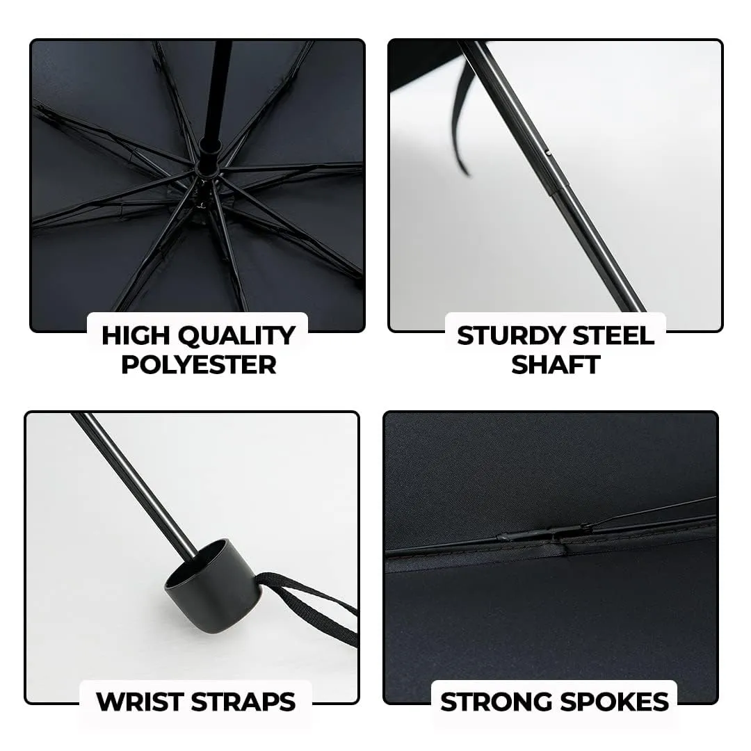 Kuber Industries 3 Fold Manual Umbrella|Windproof, Sunproof & Rainproof|With Polyester Canopy, Sturdy Steel Shaft & Wrist Straps|Easy to Hold & Carry|Umbrella for Women, Men & Kids |Black (Pack Of 4)