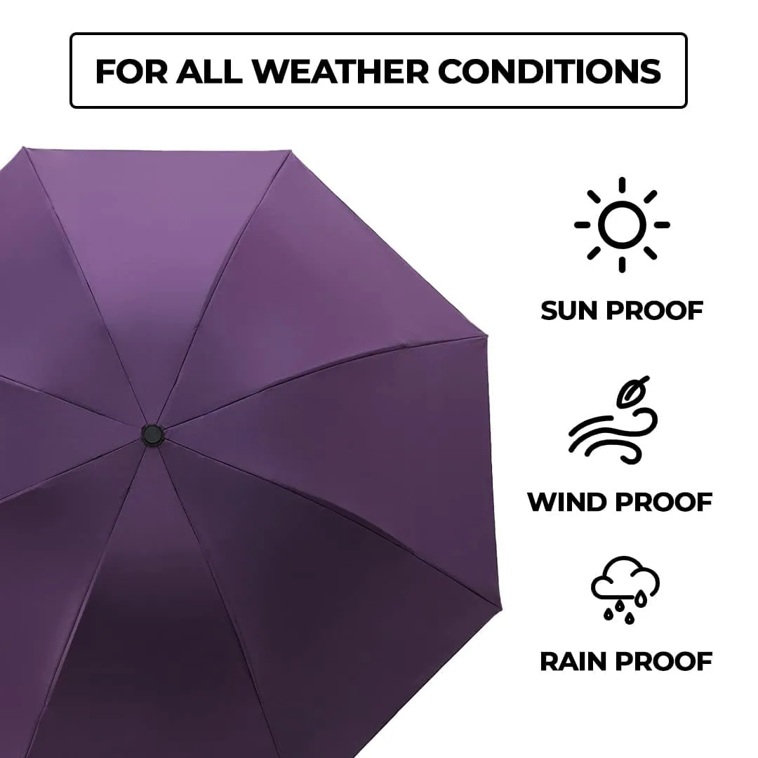 Kuber Industries 3 Fold Manual Umbrella|Windproof, Sunproof & Rainproof|With Polyester Canopy, Sturdy Steel Shaft & Wrist Straps|Easy to Hold & Carry|Umbrella for Women, Men & Kids |Purple (Pack Of 5)