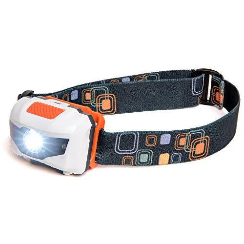 LED Headlamp - Great for Camping, Hiking, Dog Walking, and Kids. One of the Lightest (2.6 oz) Headlight. Best Flashlight. Water & Shock Resistant with Red Strobe. 3 AAA Duracell Batteries Included.