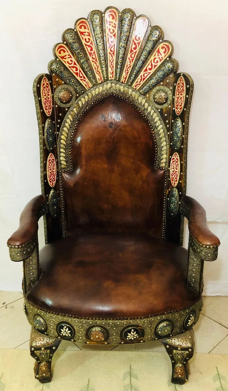 Majestic Moroccan Pair of Chairs & Table in  Fine Leather Brass, Natural Stones and Camel Bone Inlaid