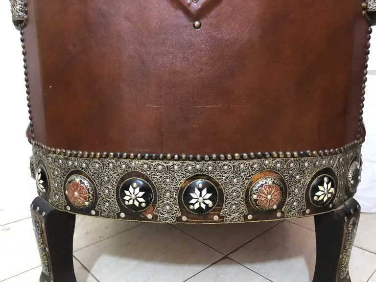 Majestic Moroccan Pair of Chairs & Table in  Fine Leather Brass, Natural Stones and Camel Bone Inlaid