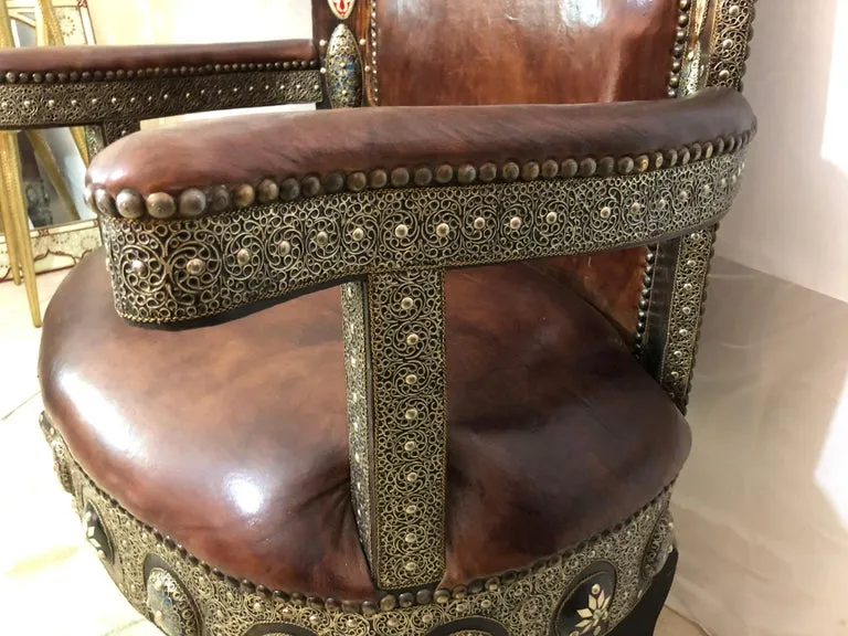 Majestic Moroccan Pair of Chairs & Table in  Fine Leather Brass, Natural Stones and Camel Bone Inlaid