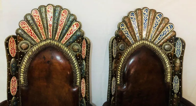 Majestic Moroccan Pair of Chairs & Table in  Fine Leather Brass, Natural Stones and Camel Bone Inlaid