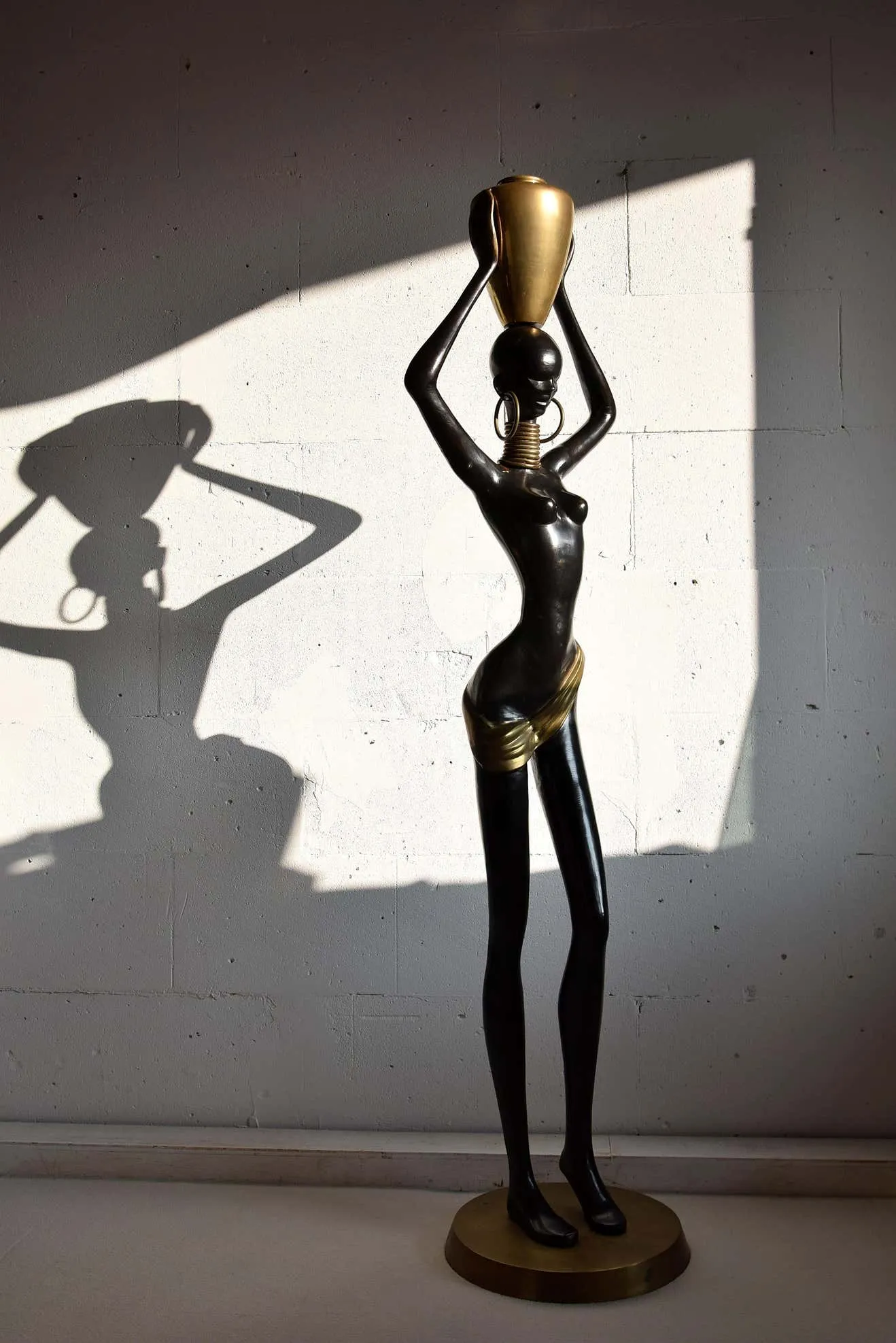 Mid-Century Modern Life Size Brass and Copper Statue of African Beauty