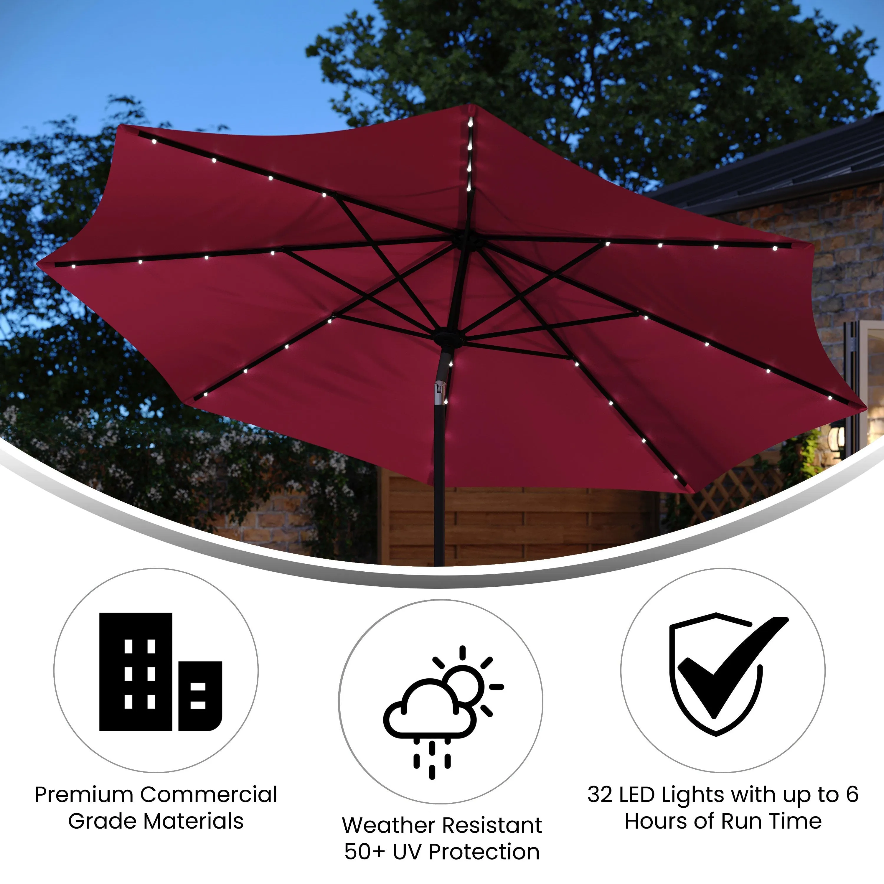 Montego Commercial Grade 9ft Round Solar LED Umbrella with Crank Lift and Tilt Function