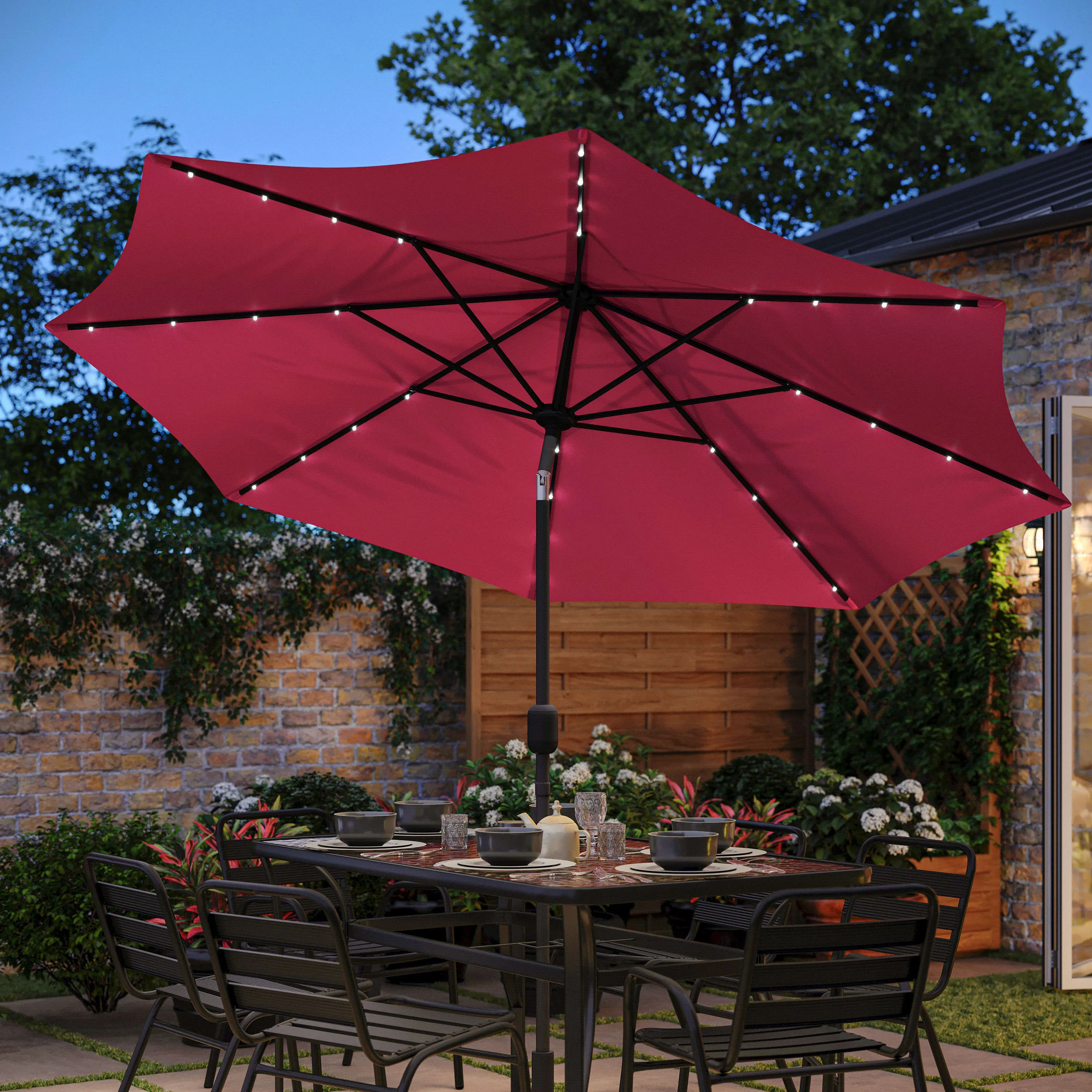 Montego Commercial Grade 9ft Round Solar LED Umbrella with Crank Lift and Tilt Function