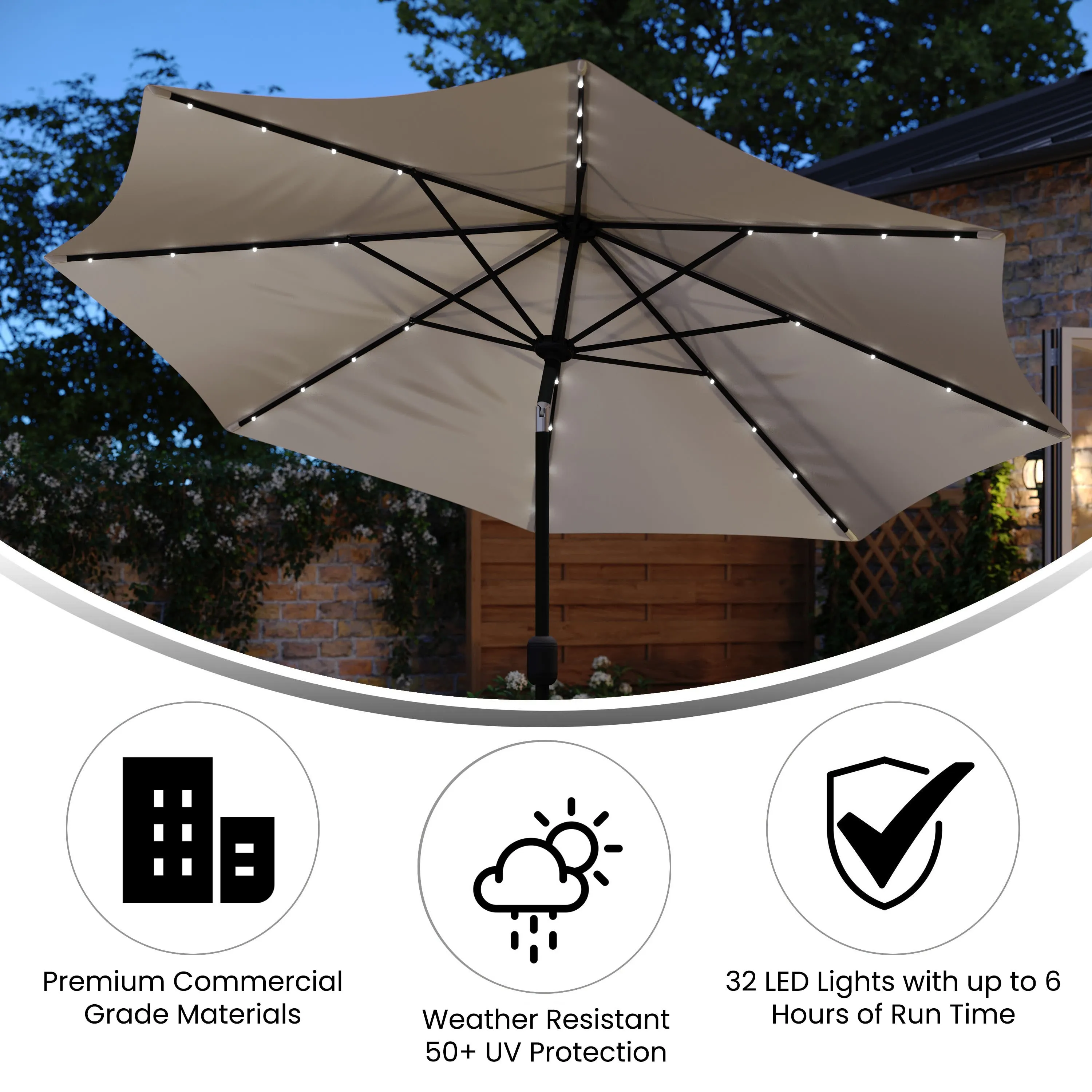 Montego Commercial Grade 9ft Round Solar LED Umbrella with Crank Lift and Tilt Function