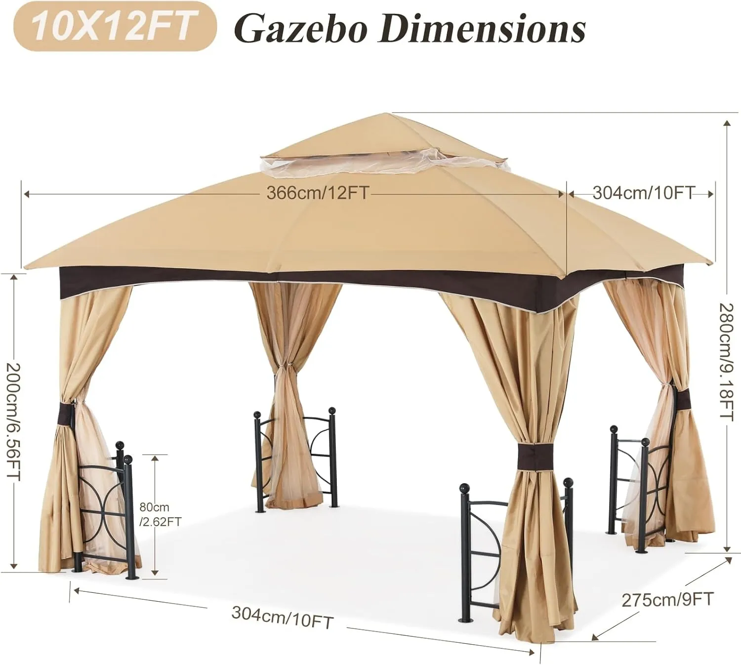 Outdoor Patio Gazebo 10X12 with Stable Metal Frame and Netting Walls for Backyard Garden Deck (Beige & Brown)