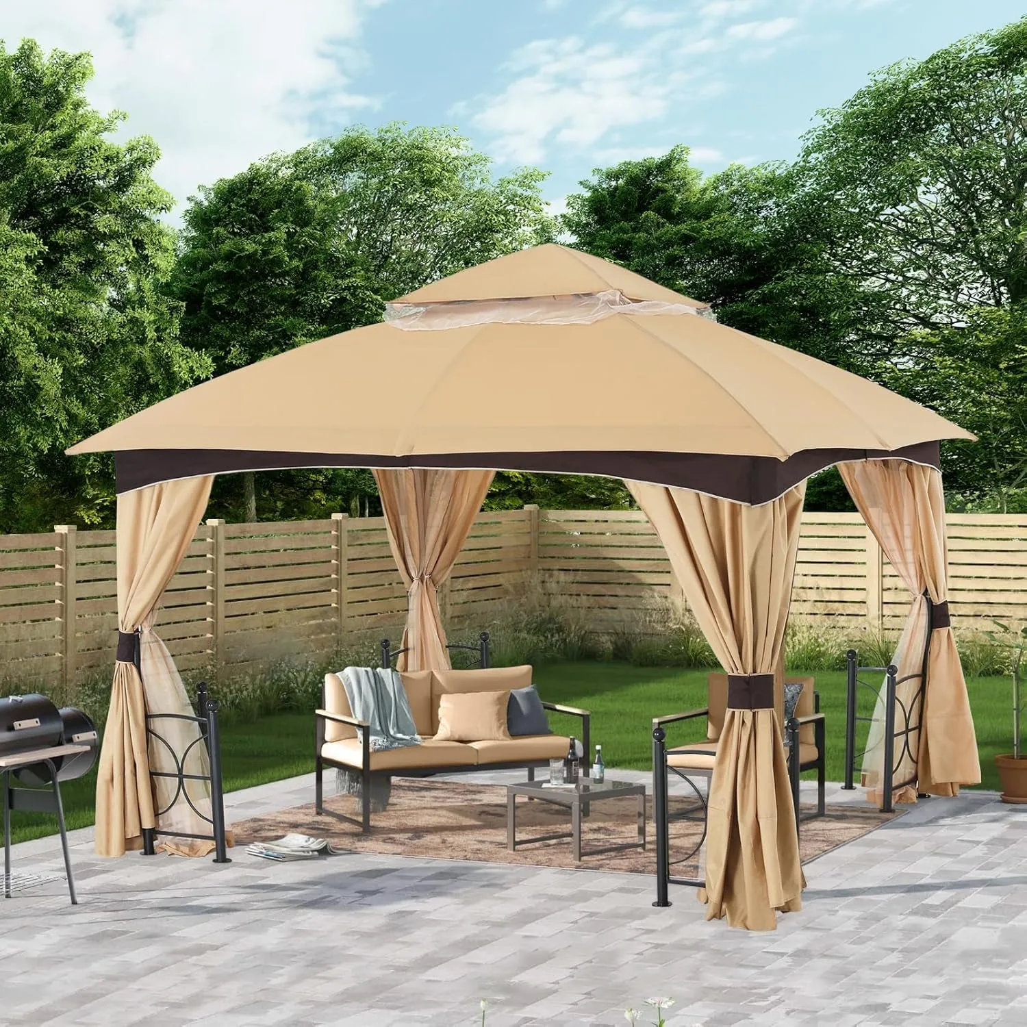 Outdoor Patio Gazebo 10X12 with Stable Metal Frame and Netting Walls for Backyard Garden Deck (Beige & Brown)