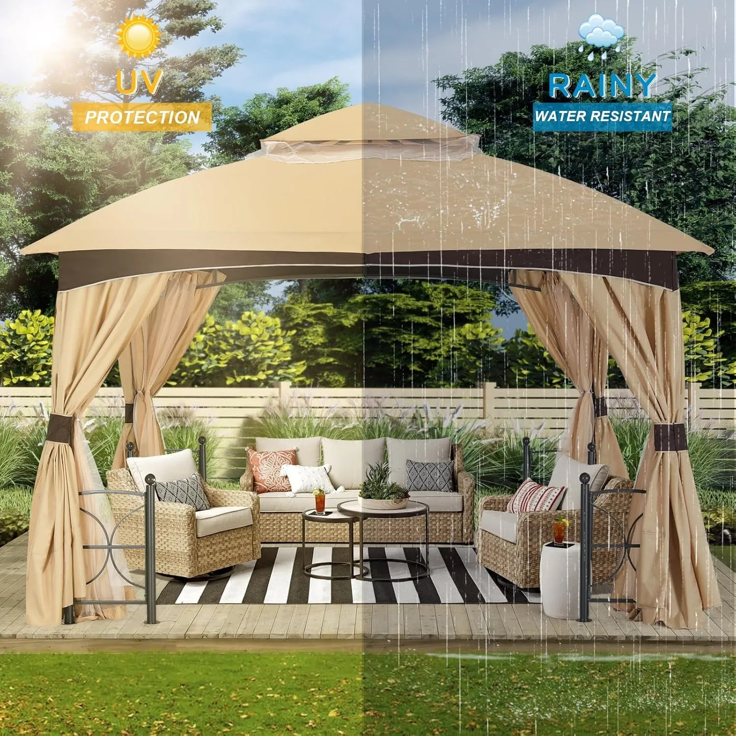 Outdoor Patio Gazebo 10X12 with Stable Metal Frame and Netting Walls for Backyard Garden Deck (Beige & Brown)