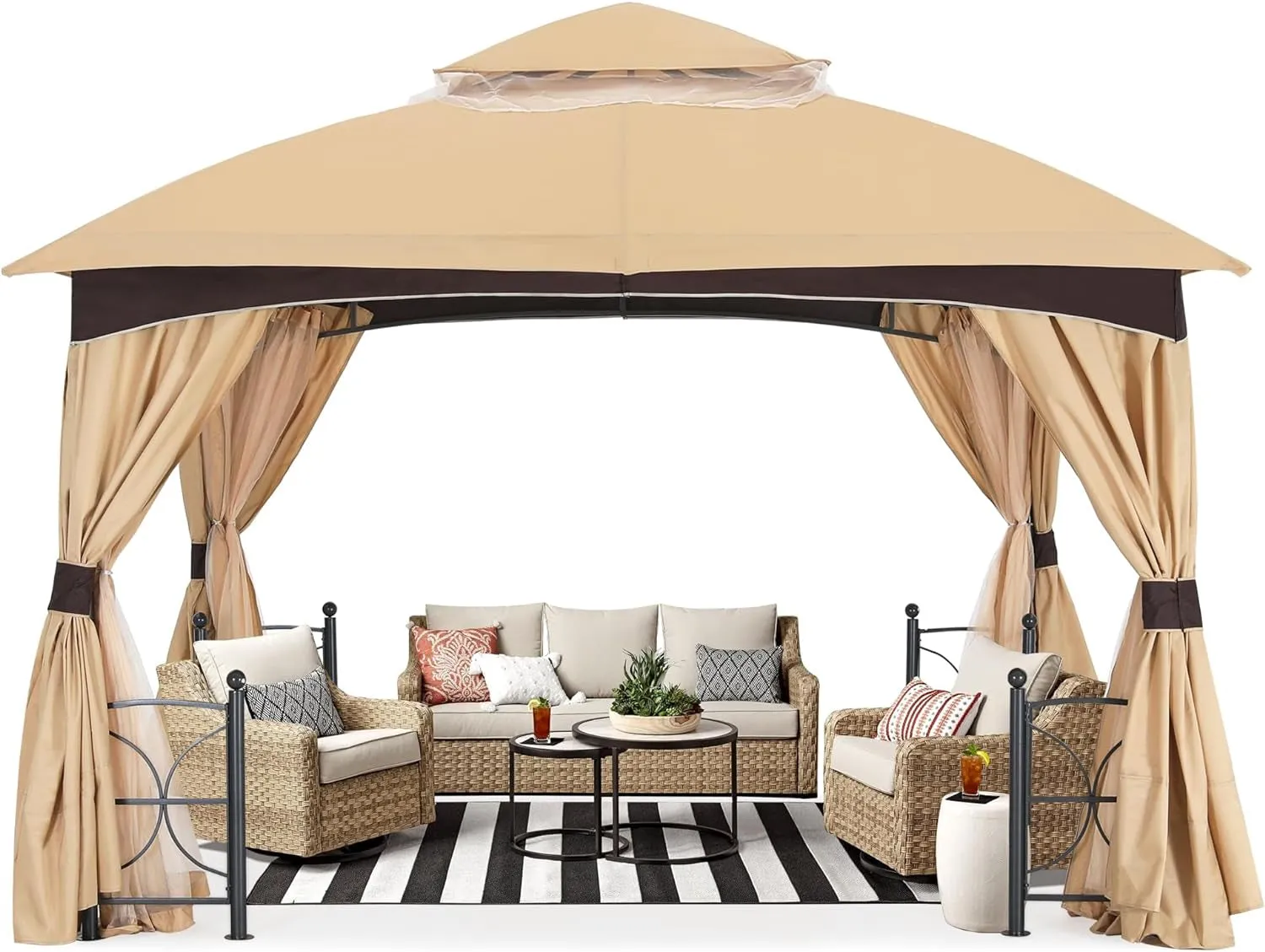 Outdoor Patio Gazebo 10X12 with Stable Metal Frame and Netting Walls for Backyard Garden Deck (Beige & Brown)