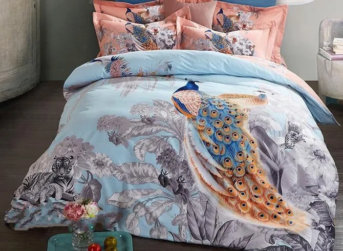 Peacocks and Tigers with Flowers Blooming Pattern Cotton Luxury 4-Piece Bedding Sets/Duvet Cover