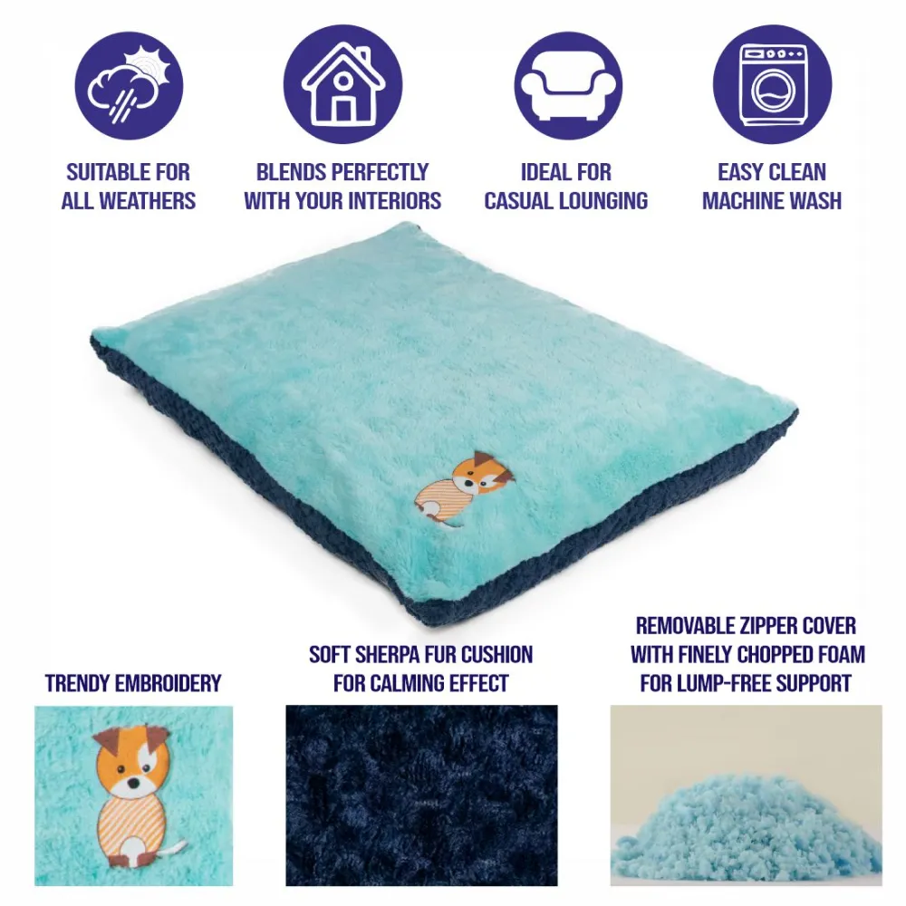 Petter World Luxury Reversible Chopped Foamed Pillow Bed with Soft Fur for Dogs (Turquoise)