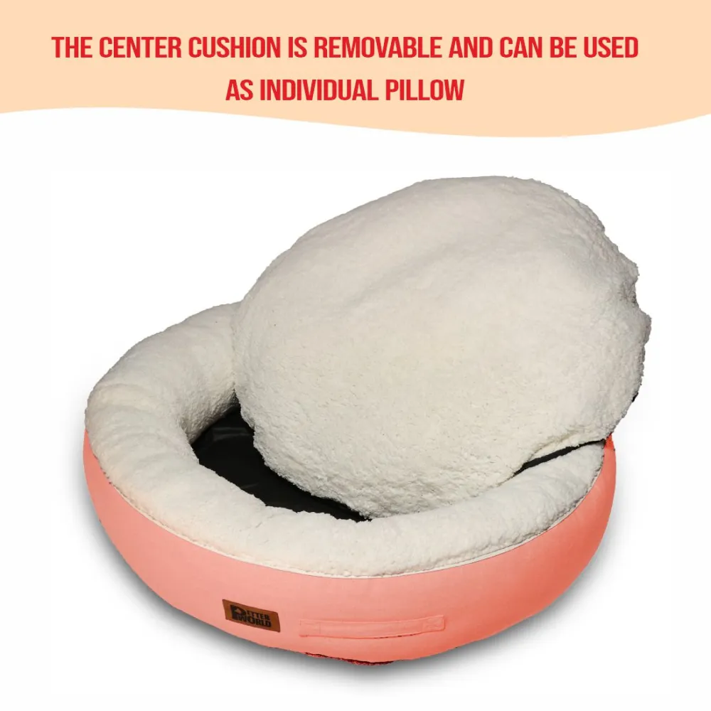 Petter World Ultra Luxury Cotton Canvas Donut Bed With Removable Sherpa Fur Cushion for Dogs (Peach Pearl)