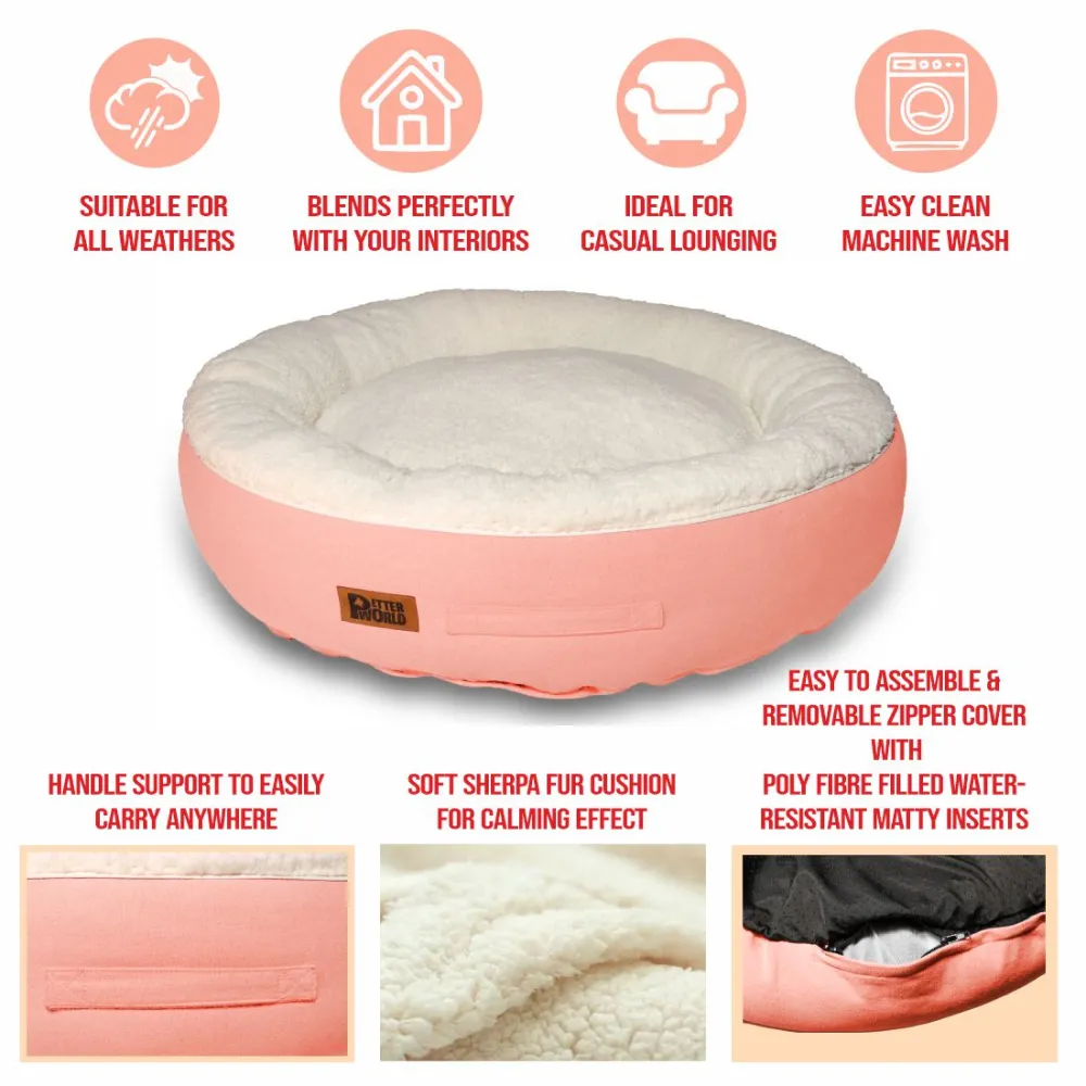 Petter World Ultra Luxury Cotton Canvas Donut Bed With Removable Sherpa Fur Cushion for Dogs (Peach Pearl)