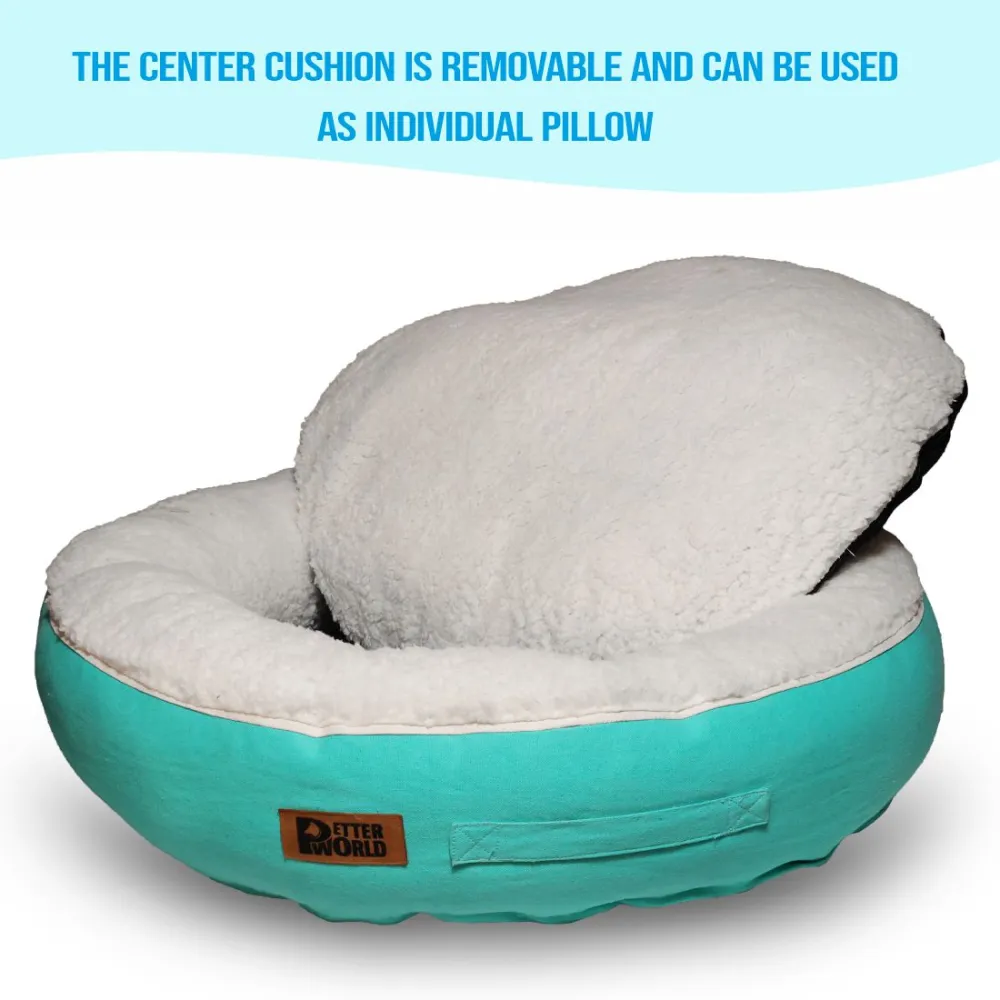 Petter World Ultra Luxury Cotton Canvas Donut Bed With Removable Sherpa Fur Cushion for Dogs (Turquoise)