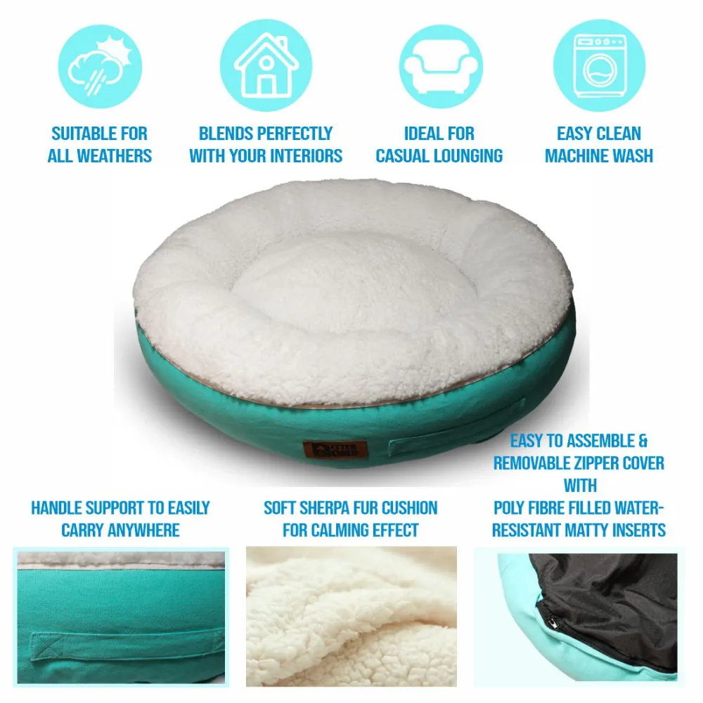 Petter World Ultra Luxury Cotton Canvas Donut Bed With Removable Sherpa Fur Cushion for Dogs (Turquoise)