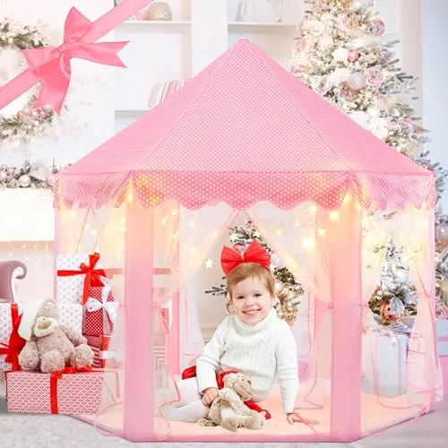 Princess Castle Play Tent With Lights Pink Indoor Toy Tent for Girls