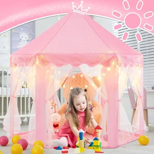 Princess Castle Play Tent With Lights Pink Indoor Toy Tent for Girls