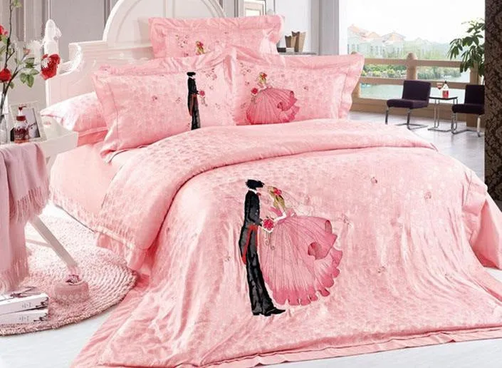 Romantic Lovers Embossed Pink Wedding Style Luxury 4-Piece Cotton Bedding Sets/Duvet Cover